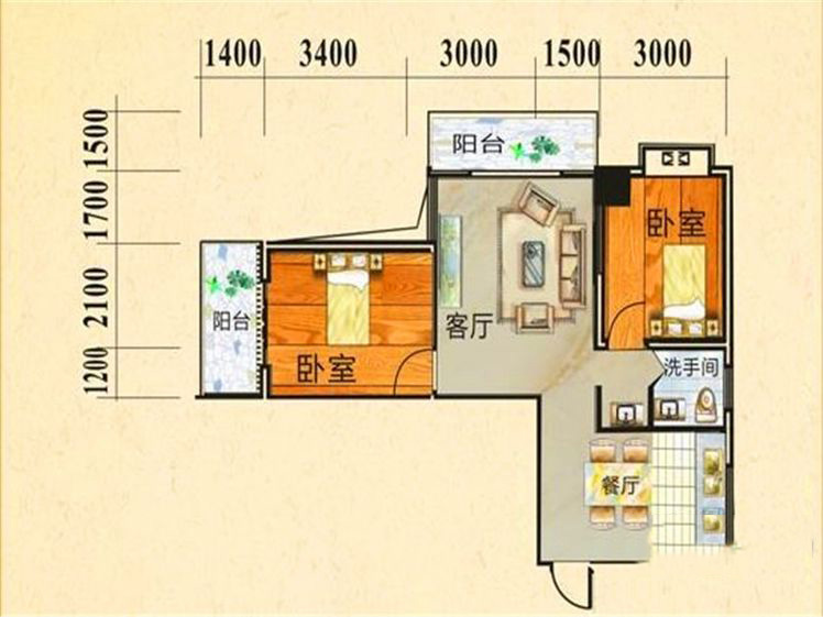 上海花园A户型2室2厅1卫1厨85.13㎡