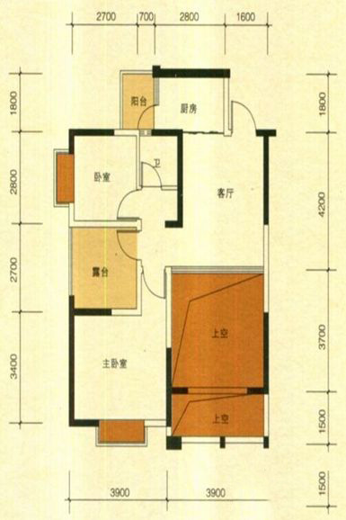 一期1#、2#、6#楼A3户型 2室1厅1卫1厨 68.74㎡