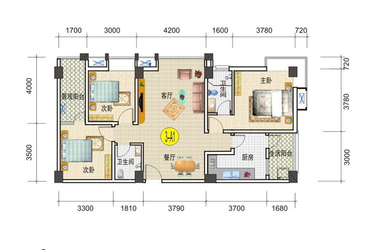 3-A1户型 3室2厅2卫1厨 125.34㎡