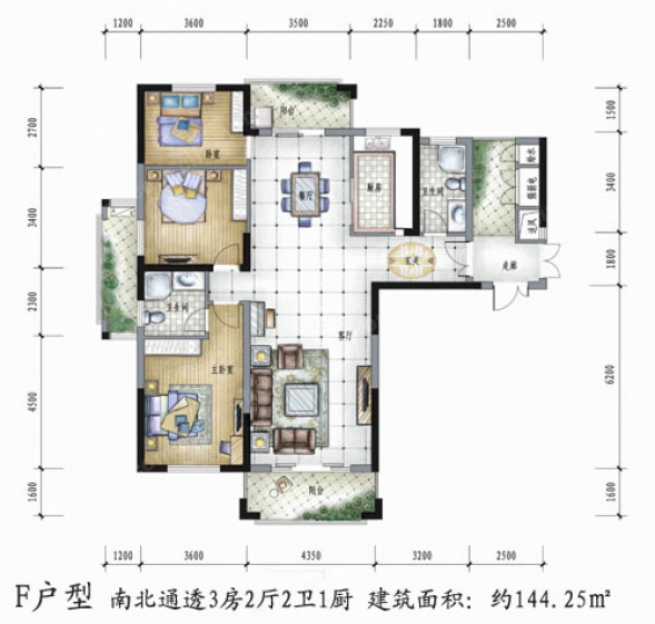 江滨豪园 F户型，3室2厅2卫，144平米（建面）