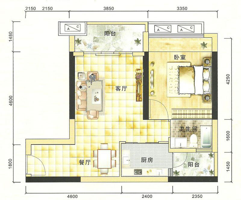 1室2厅1卫 60-65㎡