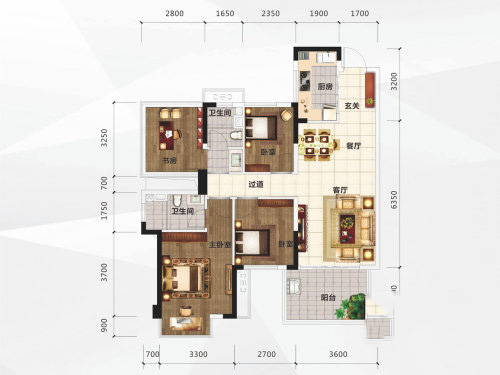 E1户型， 4室2厅2卫1厨， 建筑面积约96.00平米