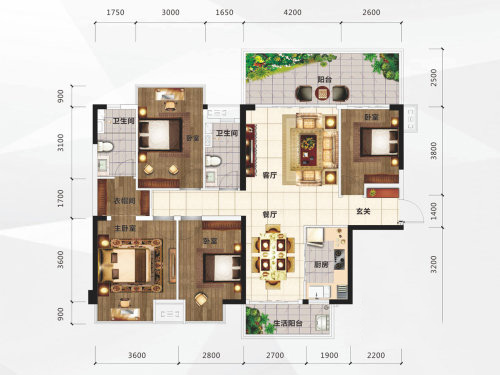 F户型， 4室2厅2卫1厨， 建筑面积约117.00平米