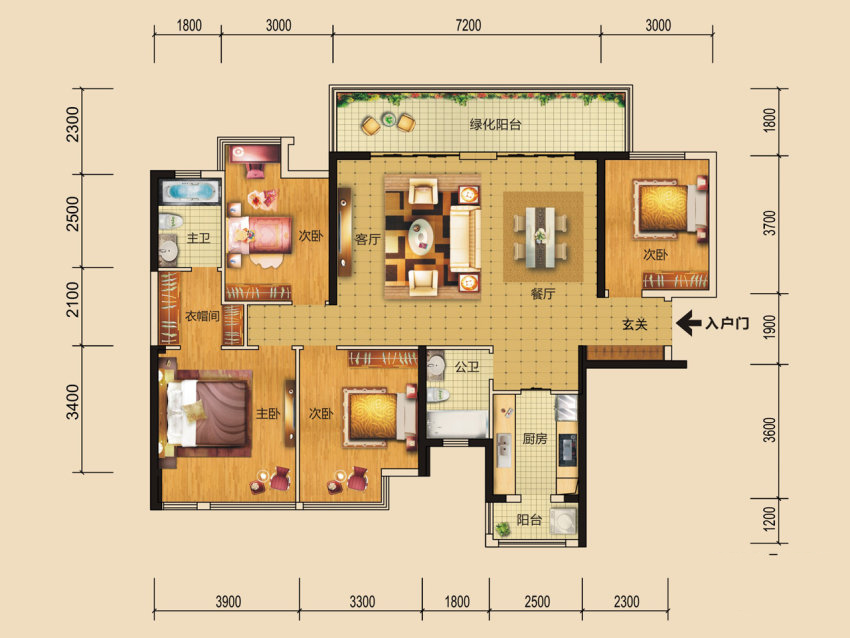 F2户型， 4室2厅2卫1厨， 建筑面积约137.00平米