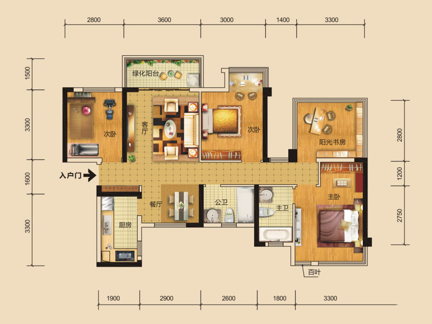 D2户型， 4室2厅2卫1厨， 建筑面积约96.00平米