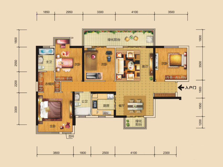 F1户型， 4室2厅2卫1厨， 建筑面积约130.00平米