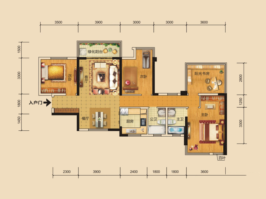 中海悦公馆E1户型， 4室2厅2卫1厨， 建筑面积约110.00平米