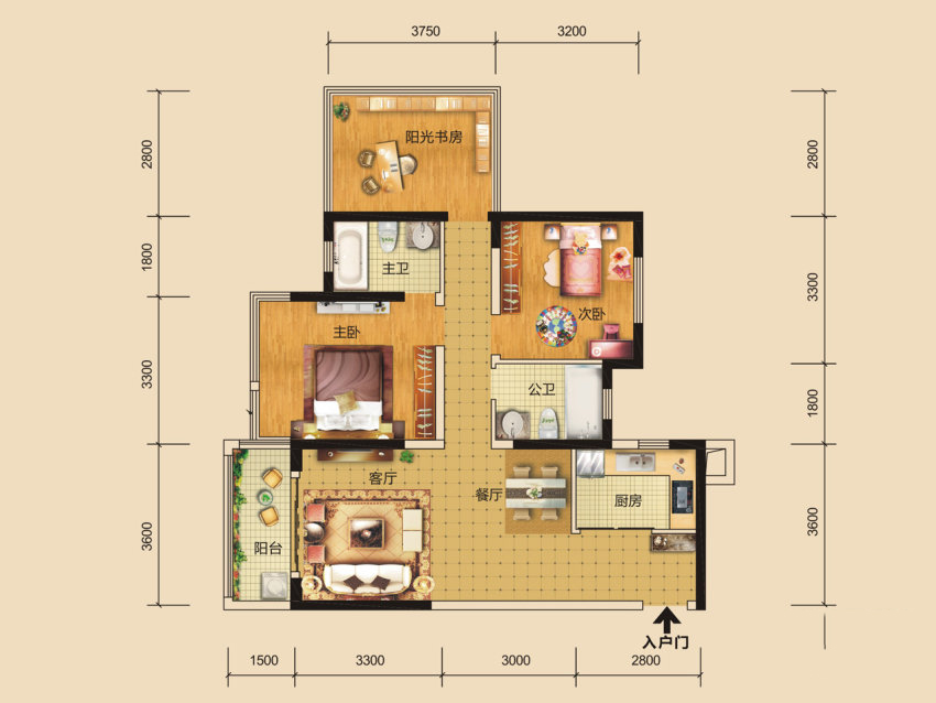 C1户型， 3室2厅2卫1厨， 建筑面积约89.00平米