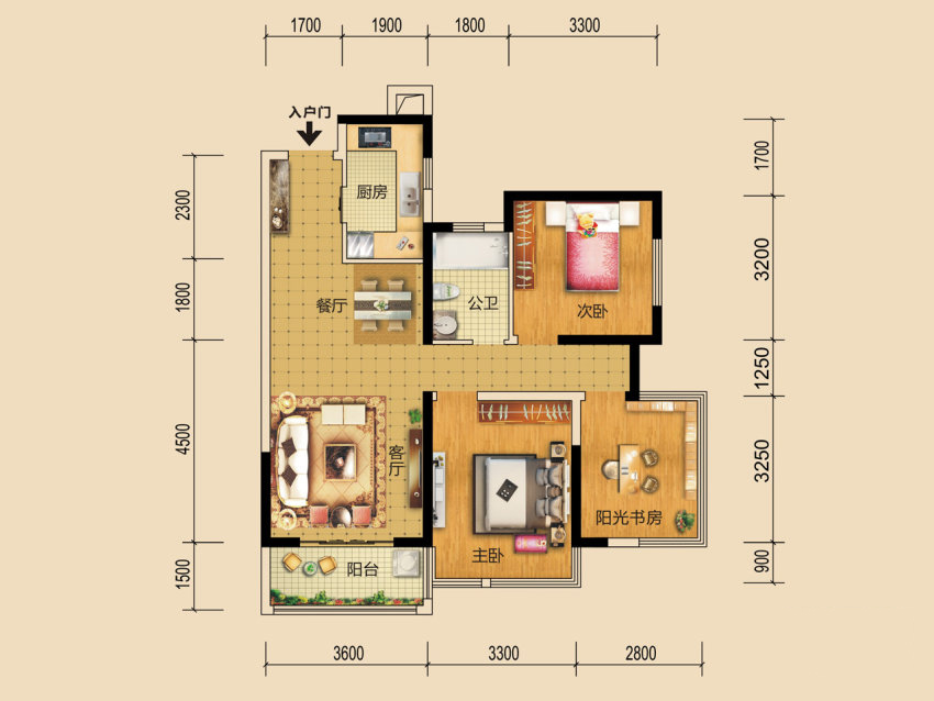 B1户型， 3室2厅1卫1厨， 建筑面积约87.00平米