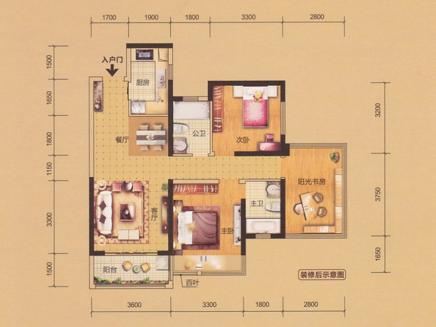 C4户型， 3室2厅2卫1厨， 建筑面积约91.00平米