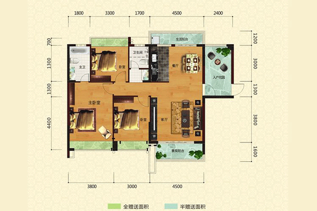 F1户型-居室：3室2厅2卫1厨建筑面积：133