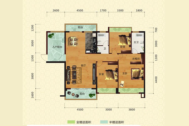 F2户型居室：3室2厅2卫1厨建筑面积：134