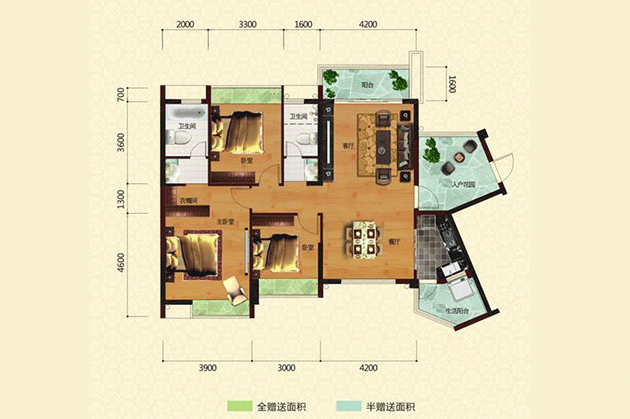G4户型居室：3室2厅2卫1厨建筑面积：126