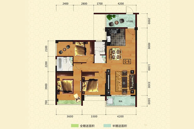 G6户型居室：3室2厅2卫1厨建筑面积：118