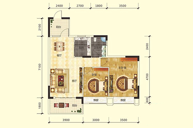 9-16#D户型居室：2室2厅1卫1厨建筑面积：89