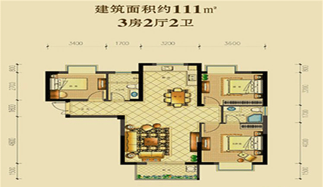 3室2厅2卫1厨建筑面积：111